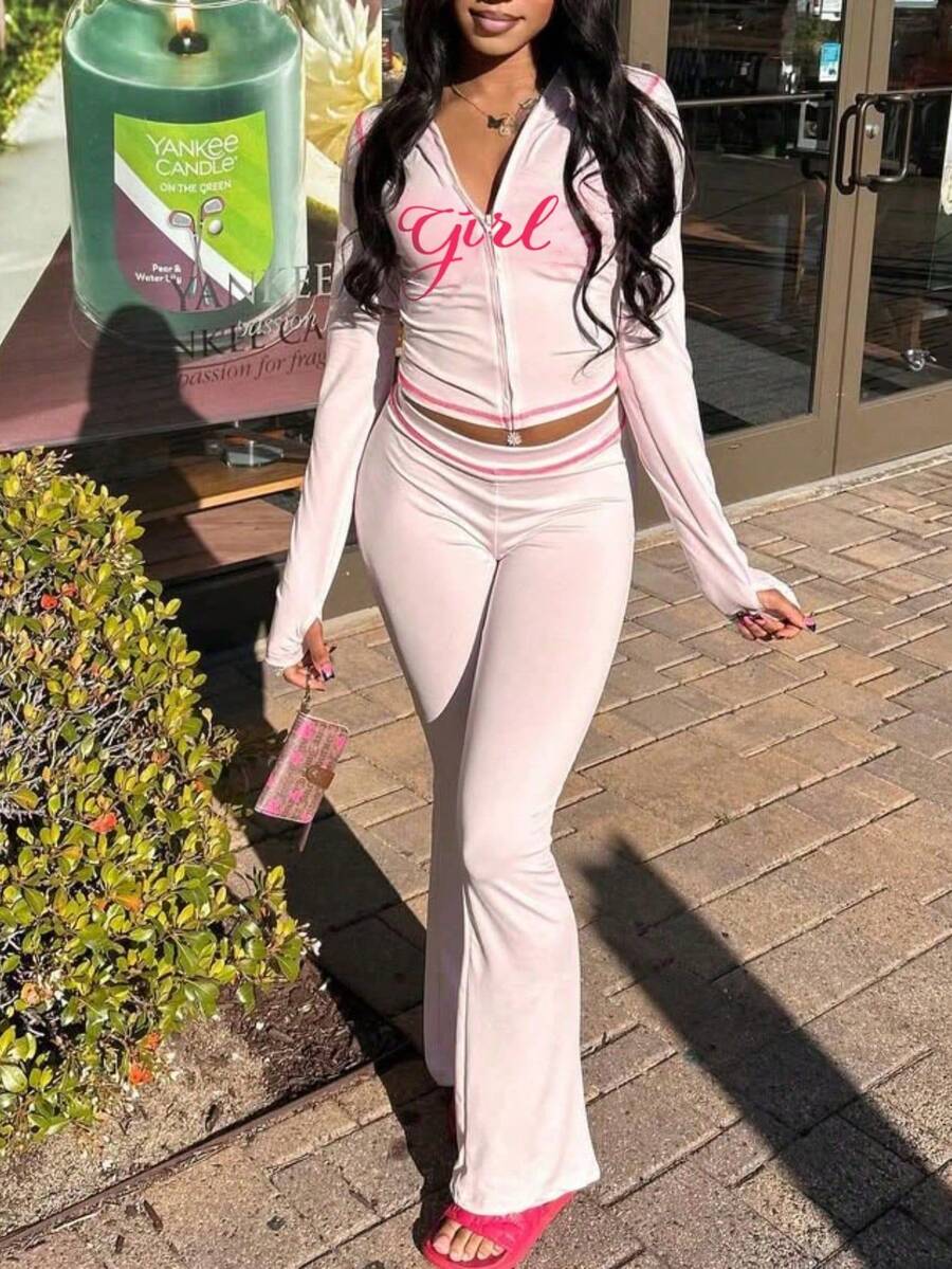 Fall Street Going Out Outfits Women Long Sleeve Graphic Print Top And Pants Y2K Outfit Pants Set For Women Pink Elegant - Pink - View 1