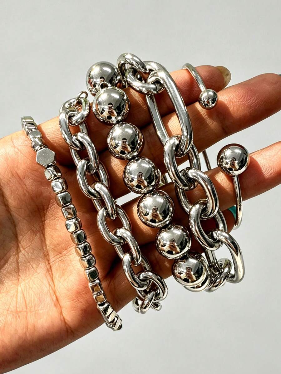 5pcs/Set Punk Style Round Bead & Square Link CCB Silver Bracelet Set, Suitable For Women, All Seasons, Daily, Commute, Date, Vacation, Layering, Gift - Silver - View 1