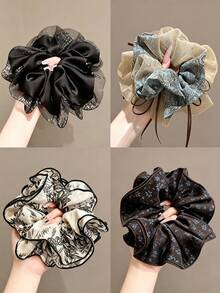 1pc Vintage Ruffle Large Satin Chiffon Hair Scrunchie, Hair Accessory, Suitable For Daily Wear, Autumn, Hair Clip, Hair Accessory - Multicolor - View 7