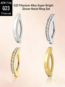 Piercing de Umbigo Dourado & Prateado, Pino de Titânio G23 e Aço Inoxidável com Zircônia Pavê Completa, Anel Liso Polido Hipoalergênico, À Prova d'Água, Resistente ao Suor e Não Desbota, Presente Perfeito para Halloween/Festa/Uso Diário - piercing na barriga - Visão 11