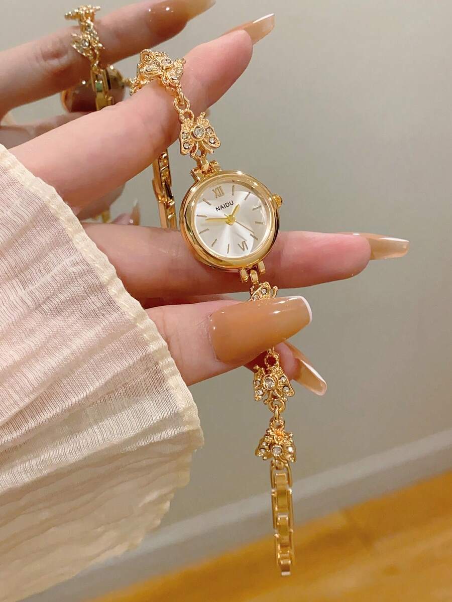 1件圓形白色錶盤蝴蝶錶帶金色錶殼女款石英手錶,時尚輕巧,適合日常配戴、送禮與派對 - 金色 - 查看 1