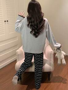 2pcs Women's Pajama Set, Pullover Round Neck Cute Animal Print Simple Long Sleeve Long Pants, Easy Care Fabric - Grey - View 3