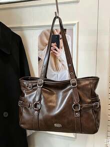 American Retro Shoulder Tote Bag With Metal Buckle Decoration On The Side, And Personalized, Suitable For Commuting And Daily Travel - Coffee - View 9