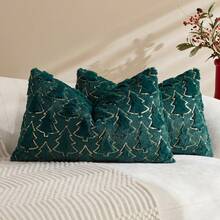 1/2pcs Green Christmas Gold Sequin Christmas Tree Pillow Case (Pillow Insert Not Included), Modern Fashionable Comfortable Soft Faux Rabbit Fur Fabric Embroidered Pillow Case, Suitable For Daily Home Decor, Sofa, Bed, Bedroom, Living Room, Decorative Pillow Case, Daily Holiday Party Decoration, Suitable For All Four Seasons - Dark Green - View 13