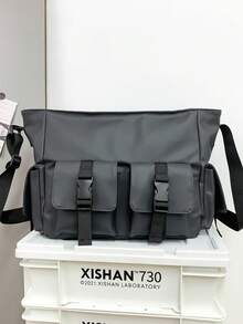 Black Waterproof Cargo Style Style Men's Tote Crossbody Bag, Double Buckle Front Pocket Multi-Pocket Large Capacity Storage, Adjustable Shoulder Strap, Functional Style Student Commute Travel Casual One Shoulder Handbag - Multicolor - View 7