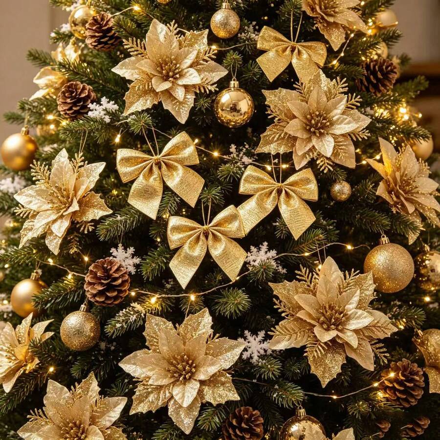 10/5/2pcs Pita Bunga Natal Berkilau dengan Busur Natal dan Tali Terpilin, Busur Natal Bunga Natal Emas yang Sudah Dibentuk, Dekorasi Karangan Bunga Natal, Cocok untuk Pohon Natal, Karangan Bunga, Dekorasi Pembungkus Kado (Emas) - MultiWarna - View 1