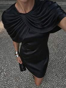 Autumn/Winter Solid Color Ruched Shawl Collar Long Sleeve Fitted Short Dress, Elegant Commute Date Street Style Afternoon Tea Party Dress, Black - Black - View 2