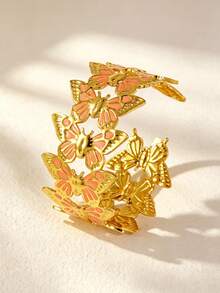 VceTd 1pc Gentle Style Colorful Enamel Butterfly Design Stainless Steel Open Cuff Bracelet For Women, Suitable For Weddings, Travel, Or As A Valentine's Day Gift For Loved Ones - Yellow Gold - View 7