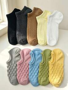 5/10 Pairs Women's Cable Knit Invisible Boat Socks, Solid Color Textured Non-Slip Low-Cut Socks - Multicolor - View 2