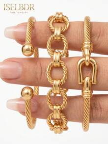 3pcs/Set 18K Gold Plated Stainless Steel Thick Twisted Wire Bracelet & Textured Oval Chain Bracelet Set, Waterproof Fade-Resistant Hypoallergenic Horseshoe Clasp Stackable Bracelet, Elegant Low-Key Luxury Autumn Jewelry Gift - Multicolor - View 1