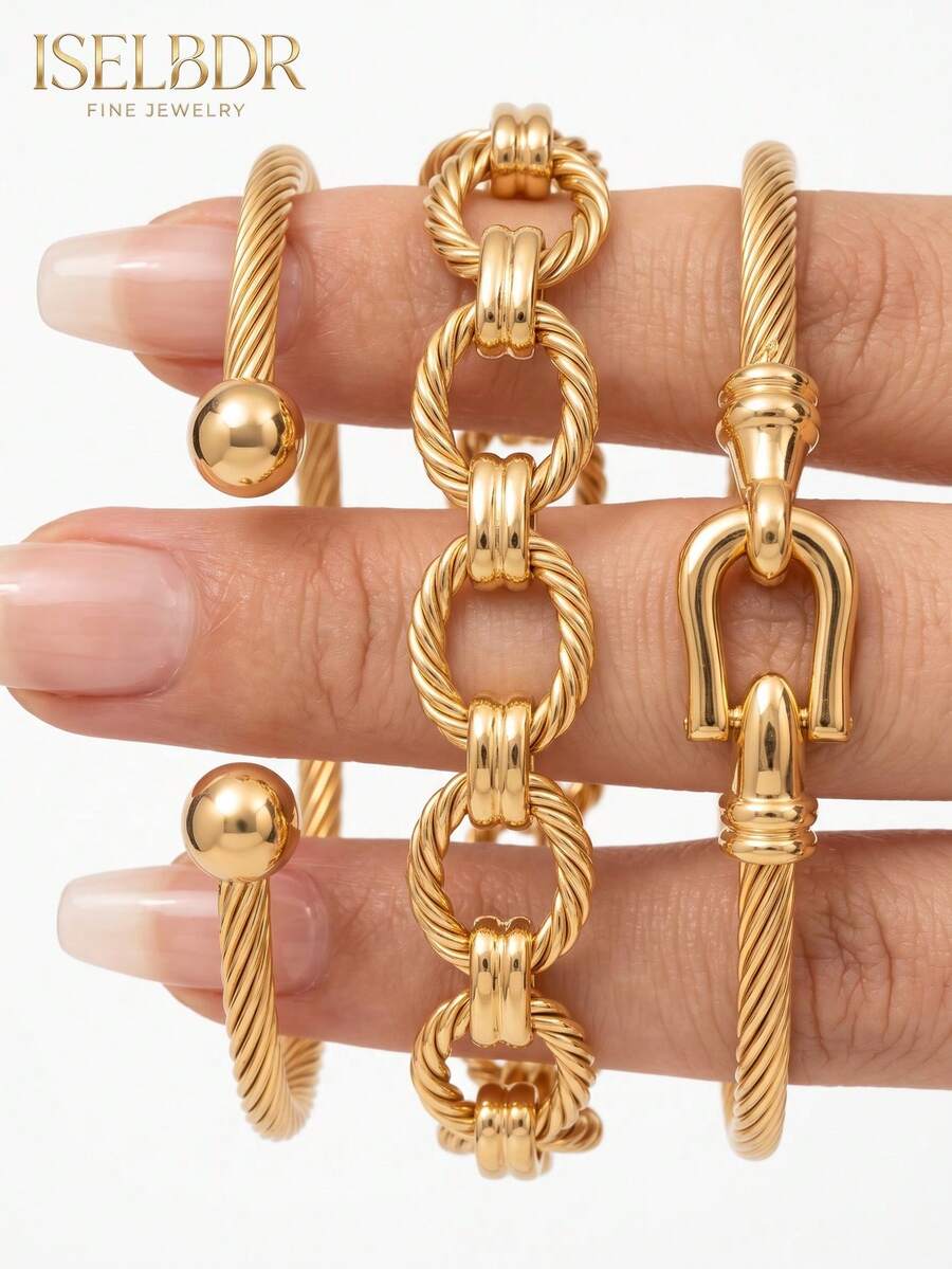 3pcs/Set 18K Gold Plated Stainless Steel Thick Twisted Wire Bracelet & Textured Oval Chain Bracelet Set, Waterproof Fade-Resistant Hypoallergenic Horseshoe Clasp Stackable Bracelet, Elegant Low-Key Luxury Autumn Jewelry Gift - Multicolor - View 1
