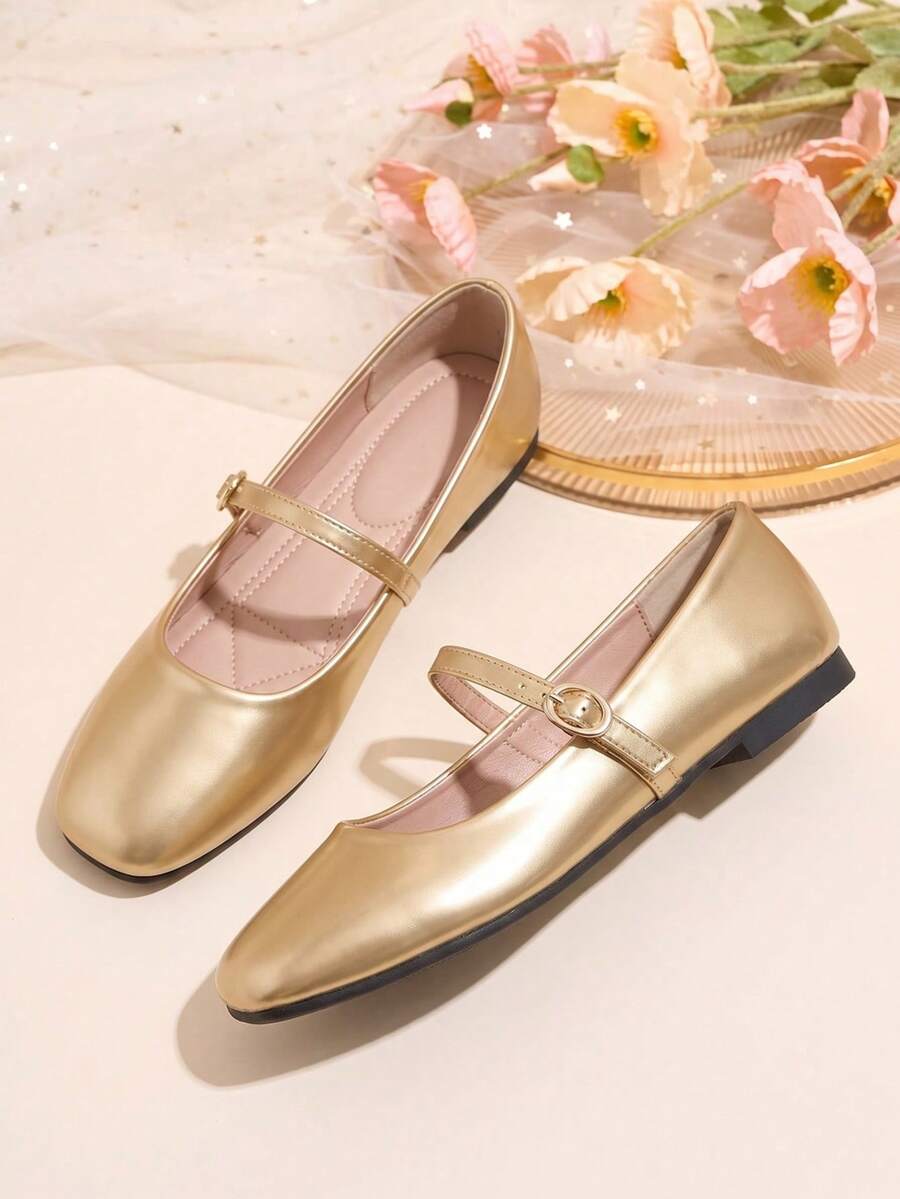 HFSHUNXY Flatjoy 2026 優雅秋冬女款金色方頭瑪麗珍平底鞋,通勤百搭,優雅時尚,休閒極簡,適合購物、約會、派對、宴會、情人節,單條扣帶 - 金色 - 查看 1