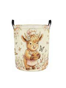 Cute Highland Cow Floral Print Laundry Hamper, Collapsible Large‑Capacity Storage Basket With Handles, Clothing Storage, Unisex, Essential For Daily Home And Dorm Use - Multicolor - View 18