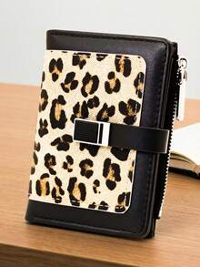 Women's Short Colorblock Patchwork Wallet, Fashionable Leopard & Tree Pattern Multifunctional ID Card Holder, Exquisite Fashionable Snap Closure Large Capacity Zipper Card Holder Coin Purse, Lightweight Convenient To Carry, Suitable For Holiday Gifts - Coffee - View 2