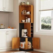 Corner Wine Cabinet 40*40*182cm With Glass Rack, Tall Corner Storage System For The Kitchen, With Bottle Rack And Doors, Freestanding, Space-Saving Bar Counter, Suitable For The Dining Room, Kitchen And Living Room - Natural Color - View 2