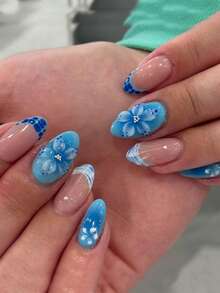 24片短杏仁形秋季美甲貼，藍色法式3D藍色波浪圓點水滴銀色水鑽美甲，可愛合金壓克力可穿戴凝膠美甲套組（含1片果凍膠與1片美甲锉），適合女性日常與約會使用 - 彩色 - 查看 2