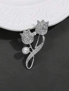 1pc Rhinestone Tulip Flower Brooch, Anti-Glare Suit Lapel Pin Jewelry, Random Number Of Rhinestones - Silver - View 3