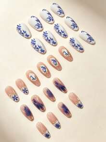 24pcs/Set Medium-Long Almond Shape 3D Blue Floral Asymmetrical Line Rhinestone Pearl Sweet & Cool Full Coverage Press-On Nails Fake Nails Manicure Supplies - Multicolor - View 4