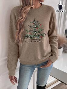 Christmas Tree & Sleigh Print Plus Size Women's Casual Fashion Warm Faux Cashmere Sweater (Autumn/Winter/Thanksgiving) - Earth Gray - View 4