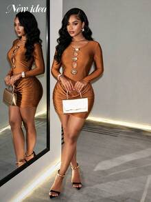 NEW IDEA Women Sexy Elegant Brown Fall Winter Long Sleeve Short Dress, Ruched Bodycon Dress For Night Out, Party, Going Out, Low‑Key Luxe Gathering - Brown - View 2