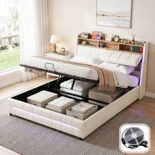 Modern Double Bed Frame 137x190cm, Upholstered Platform Bed With RGB LED Headboard And Storage Shelf, White Bed With Wood Slats, APP & Remote Control LED Lights, No Box Spring Required - White - View 1