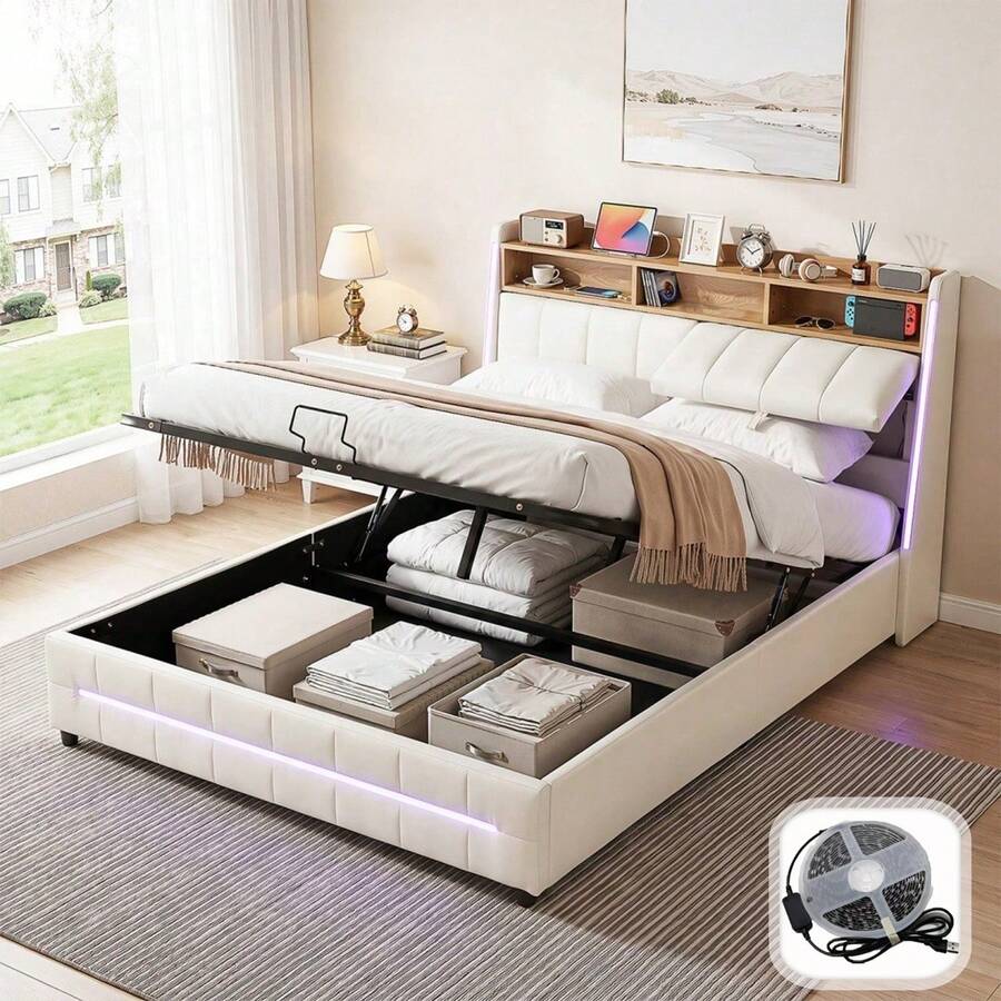Modern Double Bed Frame 137x190cm, Upholstered Platform Bed With RGB LED Headboard And Storage Shelf, White Bed With Wood Slats, APP & Remote Control LED Lights, No Box Spring Required - White - View 1