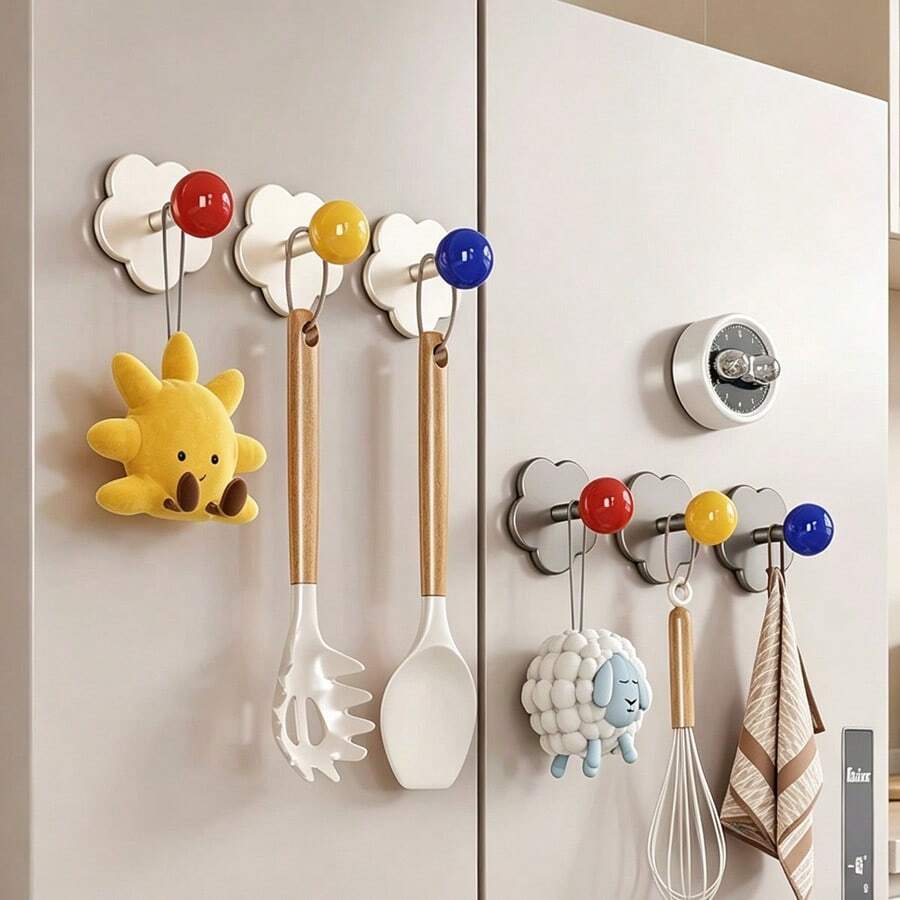 1pc,Dopamine Flower Base Magnetic Hooks, Strong No Drill Magnetic Hooks With Colorful Ball Design, Space Saving Hanging Hooks For Refrigerator, Oven, Cabinet & Wall, Kitchen Towel, Utensil & Key Organizer - White - View 1