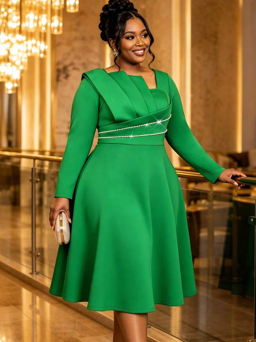 Plus Size Christmas Green A-Line Dress, Square Neck Asymmetrical Ruffle Long Sleeve, Beaded Waist, Elegant Church Party Wedding Guest Autumn Outfit - Green - View 1