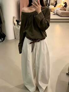 Early Autumn Vibe Asymmetrical Shoulder Top With Ruched Design, Loose Long Sleeve Lazy Solid Color Slimming T-Shirt - Dark Green - View 9