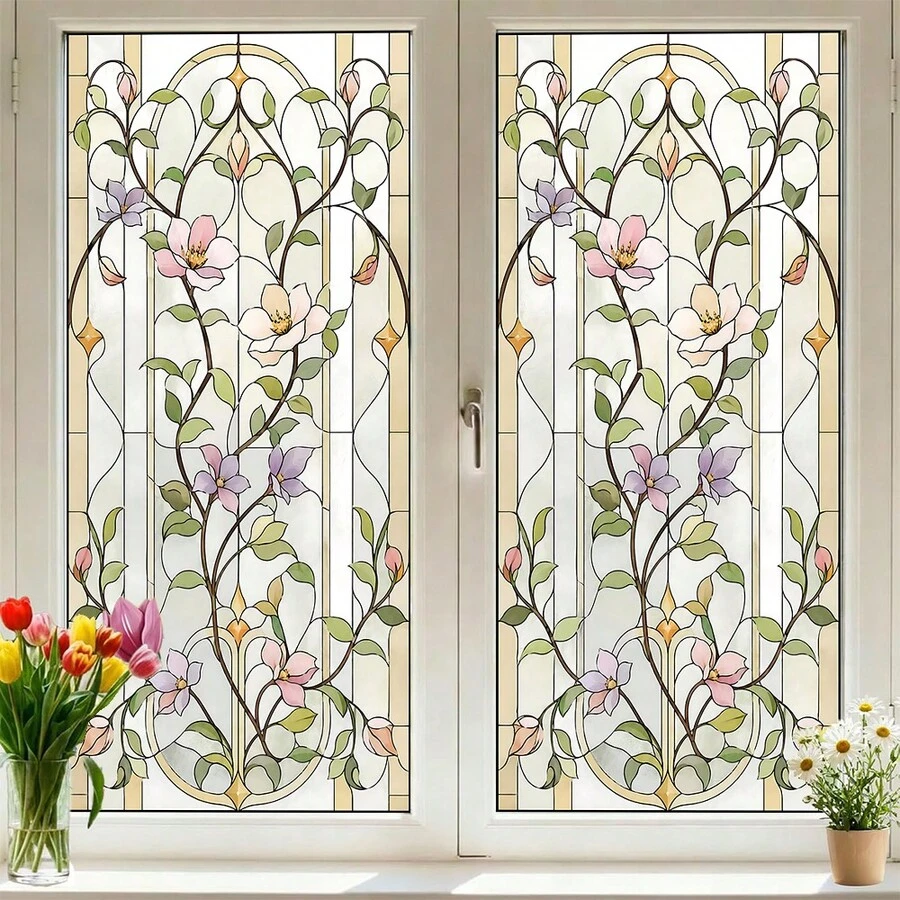 1/3pcs Retro Floral And Vine Privacy Window Film, Reusable PVC Electrostatic Adsorption Window Film, Suitable For Kitchen, Bathroom, Balcony Windows, And Home Decor. - Frosted Glass Sticker - View 1