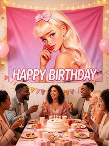 MASSDI Birthday Backdrop Pink Cartoon Themed, HD Printed Waterproof Reusable Polyester Fabric, 4 Unique Designs Optional, 95x75cm / 37.4x29.5 Inch, Easy Hanging Photo Booth Prop For Celebration Wall Ornament Gift Party Favor Decoration - Multiple Styles - View 2