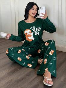 Women's Cute Koala Print Pajama Set, Plus Size Long Sleeve Top And Pants 2-Piece Loungewear For Autumn/Winter - Green - View 4
