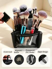 Upright Large Capacity Makeup Brush Storage Bag, Travel Portable PU Multi-Compartment Dust-Proof Design, Makeup Tool Organizer Bag (Makeup Brushes Not Included) - Multicolor - View 4