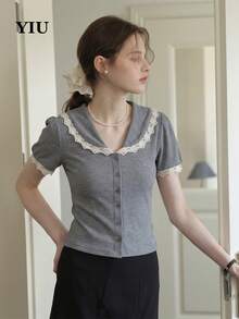 YIU Women's Grey Ribbed Knit Top With Contrast Lace Peter Pan Collar And Short Sleeves, Vintage Casual Style Design - Grey - View 2