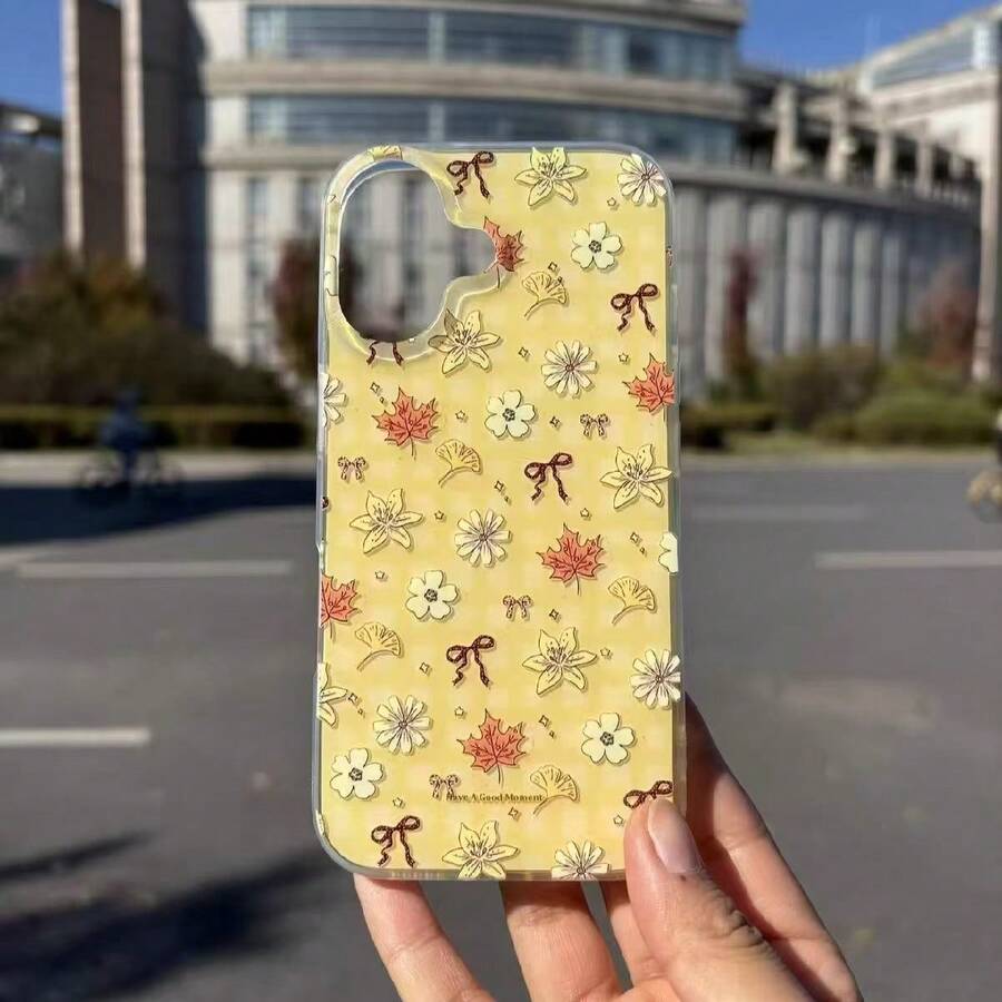 1pc IMD Plaid Autumn Fallen Leaves Phone Case Compatible With Iphone 17/16/14/13 Pro/7 Plus Shockproof Hot - Yellow - View 1