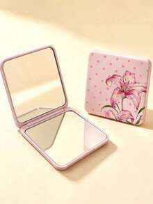 New Polka Dot Lily Pattern Portable Square Makeup Mirror Double-Sided Square Makeup Mirror Women Foldable Makeup Mirror Compact Minimalist Makeup Mirror Suitable For Wallet And Travel Mini Makeup Mirror, Print Density And Position Random - Multicolor - View 6