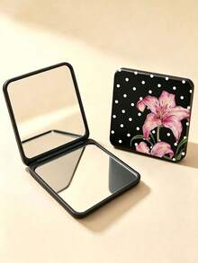 New Polka Dot Lily Pattern Portable Square Makeup Mirror Double-Sided Square Makeup Mirror Women Foldable Makeup Mirror Compact Minimalist Makeup Mirror Suitable For Wallet And Travel Mini Makeup Mirror, Print Density And Position Random - Multicolor - View 7