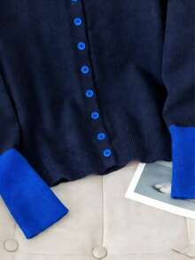 Premium Contrast Color Knit Cardigan Jacket For Women, Spring/Autumn/Winter, Soft Royal Blue Sweater, Heart-Shaped Ribbed Embroidery Buttons, College Style, Home Wear, Inner Layer/Outer Wear Top - Navy Blue With Blue - View 4