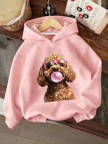 Tween Girl Cartoon Dog Print Sweatshirt, Loose Pullover Sweatshirt Top, Y2K Girls College Style Clothing, Autumn/Winter - Pink - View 3