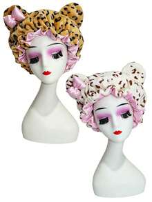 Women Leopard Print Plush Sleep Bonnet With Bear Ears & Bow, Satin Lined Thick Hair Bonnet, Ruffle Edge Night Hair Cap For Hair Care, Holiday Gift - Multicolor - View 14