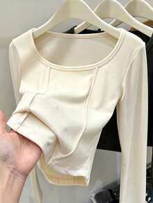 Women's Square Neck Apricot Long Sleeve T-Shirt, Ribbed Dralon Base Layer Top, Autumn/Winter Thermal Lined Thickened Innerwear, Fishbone Stitch - Apricot - View 2