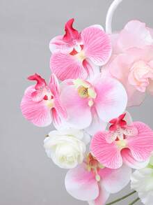1pc Artificial Pink Orchid & White Rose Hand Flower Ring Faux Floral Bouquet Bridal Wedding Ceremony Photo Props - Pink - View 5