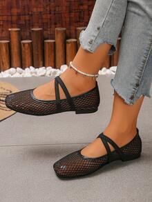 XfxfA Women's Cross Mesh Flat Shoes, Breathable & Comfortable, Suitable For Daily Casual/Shopping/Commuting Wear - Black - View 5