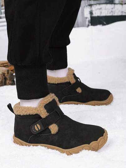 1 Pair Boys & Girls Hook-And-Loop Mid-Top Warm Lining Rubber Sole Kids Snow Boots Suitable For Autumn/Winter Outdoor Travel