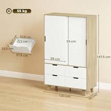 Modern Bedroom Wardrobe With Sliding Doors, Hanging Rail, Adjustable Shelves, And 4 Drawers, Oak And White - Natural+White - View 6
