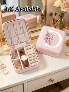 A-Z Floral Initial Travel Jewelry Organizer, Pink PU Leather Mini Zipper Jewelry Box, Compartment Portable Ring Earring Necklace Storage Box, A-Z Letter Women Girls Gift Box - Multicolor - View 16