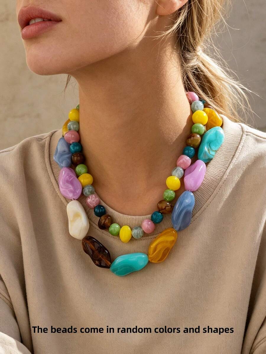 OABE 2pcs/Set Bohemian Style Colorful Asymmetrical Beaded Necklace Set, Suitable For Women's Daily Wear, Handmade Beaded Colors And Shapes Random - Colorful - View 1