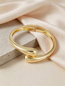 1PC Chunky Gold Stacking Bracelets & Large Oval Faux Pearl Statement Ring, Modern Irregular Curved Open Cuff Bangle Jewelry - Yellow Gold - View 4