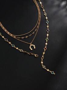 4pcs Vintage Bohemian Colorful Gemstone Y-Shaped Long Necklace, Multi-Layer Metal Gold Chain Horseshoe Pendant Necklace, Men's Fashion Accessory - Yellow Gold - View 4