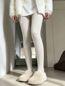 Women's Tight Leggings, Solid Color Knitted Texture Tights, Slim Fit Elastic Pantyhose, Casual Full Length Socks, Suitable For Autumn/Winter Daily Wear - Multicolor - View 1